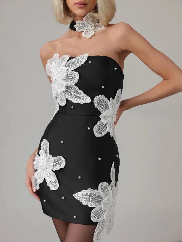 Black Mini Dress with Floral Embellishments Elegant Satin Lace Mini Dress