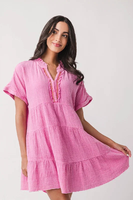 Gigio Embroidered V-Neck Gauze Dress Tunics Silk luxurious