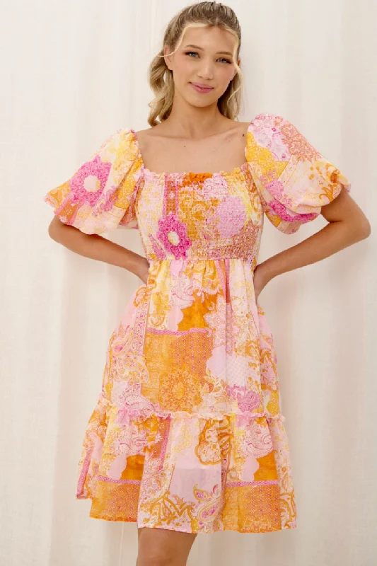 Lena Shirred Mini Dress - Pink/Orange Tunics Luxurious high-end