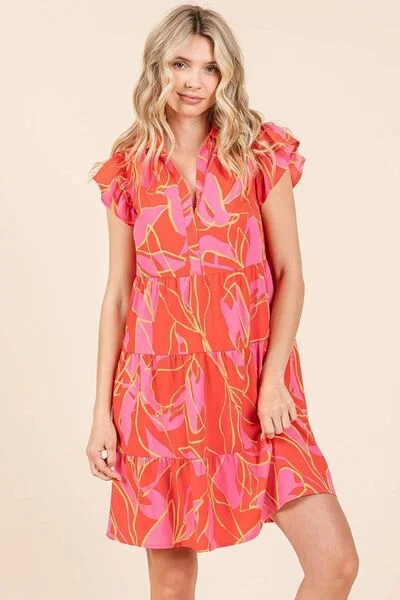 Mittoshop Leaf Print Ruffle Sleeve Tiered Mini Dress Trendy Floral Mini Dress