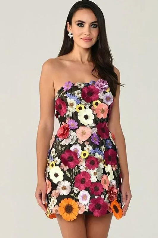 Floral 3D Embroidery Tube Mini Dress Elegant Vintage Mini Dress
