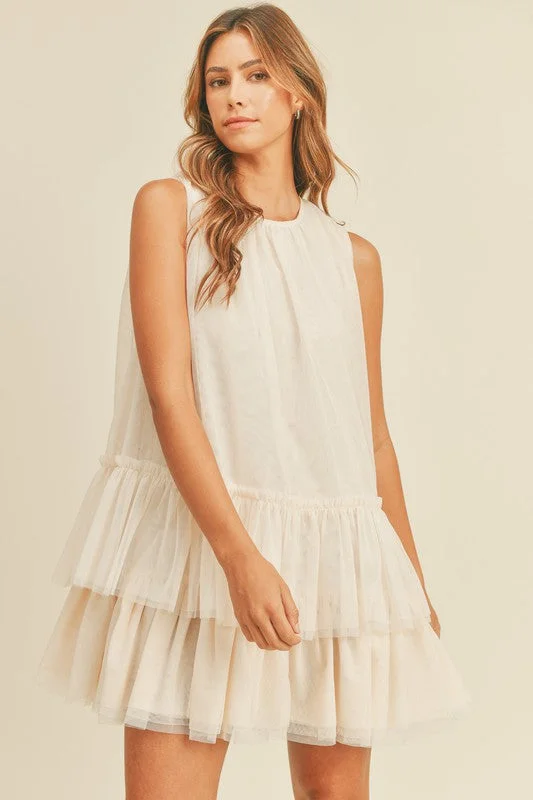 [MD3363] SLEEVELESS TULLE TIERED MINI DRESS Chic Puff Sleeve Mini Dress