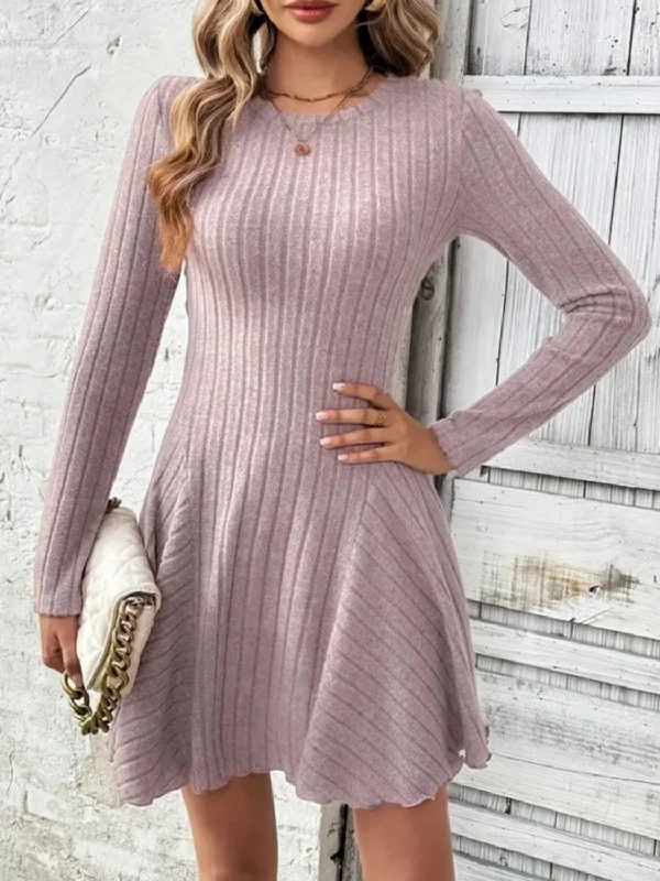 Ribbed Round Neck Long Sleeve Mini Dress Fashionable A-Line Mini Dress