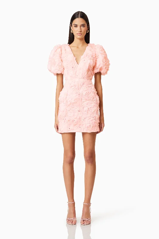 Rosella 3D Mini Dress In Pink Stylish Sweetheart Neck Mini Dress
