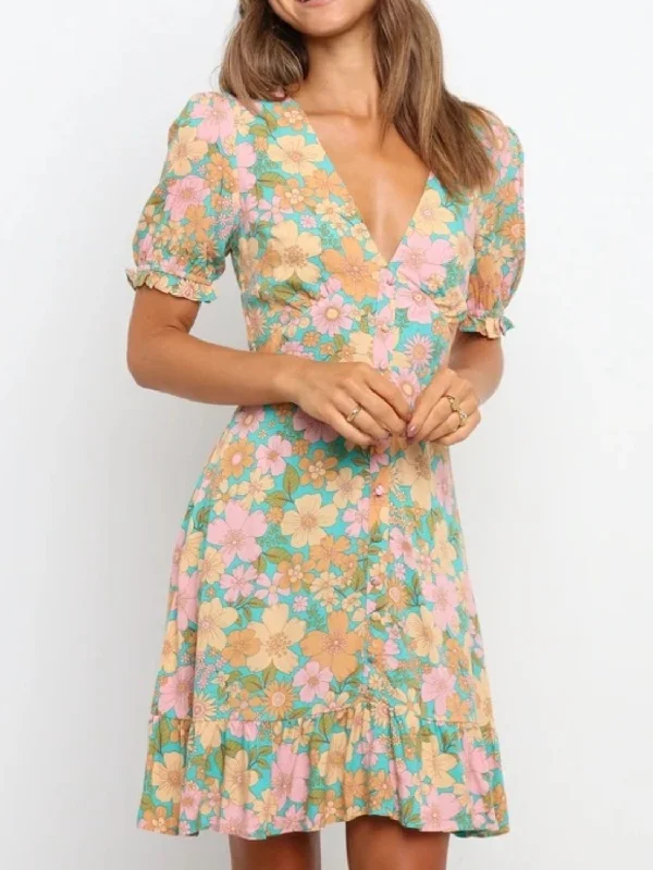 Ruffled Hem Printed Short Sleeve Mini Dress Stylish Short Sleeve Mini Dress