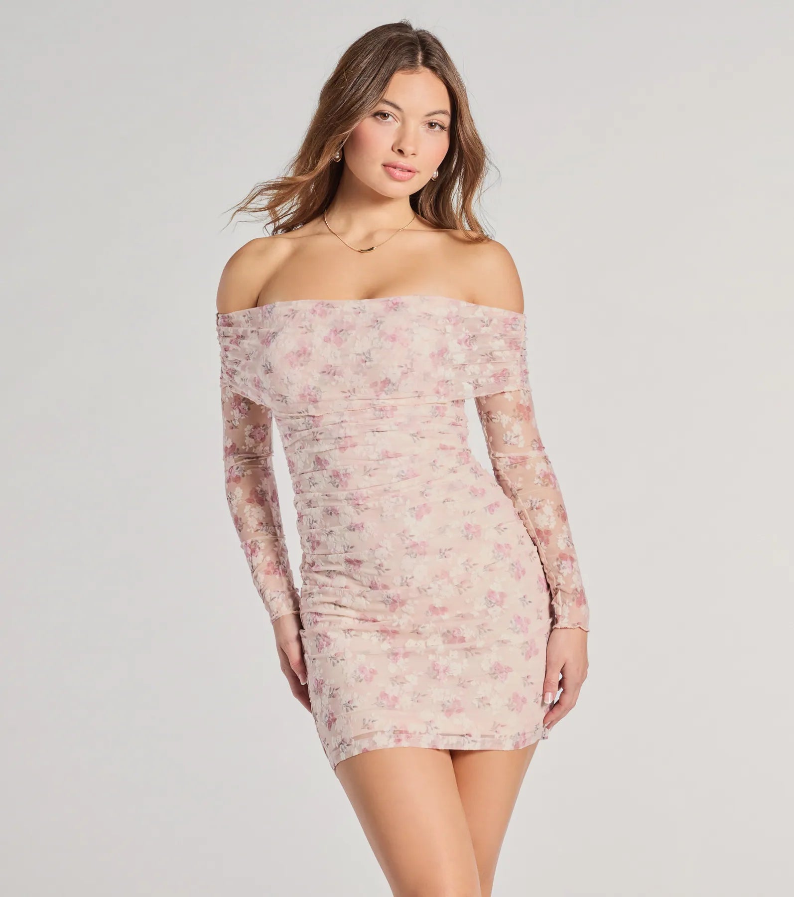 In The Garden Off-The-Shoulder Floral Mesh Mini Dress Cozy Wraparound Mini Dress