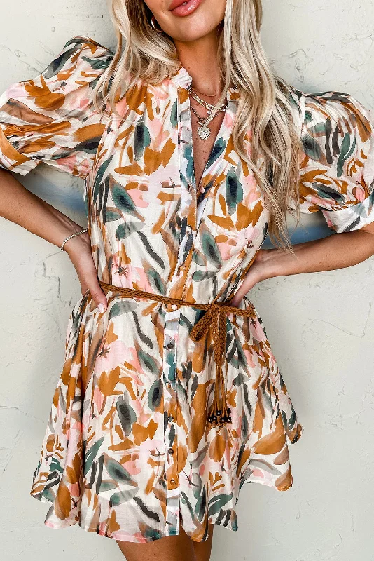 Brown Abstract Printed Puff Sleeve Button Up Braided Belt Mini Dress Comfortable Fit-and-Flare Mini Dress Brown Abstract Printed Puff Sleeve Button Up Braided Belt Mini Dress Comfortable Fit-and-Flare Mini Dress