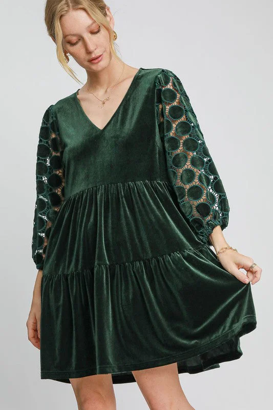 Blue Zone Planet | Umgee Dotted Lace Sleeve Tiered Velvet Mini Dress Elegant Mini Dress with Pleats Blue Zone Planet | Umgee Dotted Lace Sleeve Tiered Velvet Mini Dress Elegant Mini Dress with Pleats