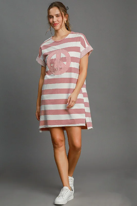 Umgee Peace Applique Striped Short Sleeve Mini Dress Elegant Velvet Mini Dress