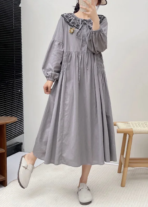 Simple Grey Peter Pan Collar Patchwork Wrinkled Vacation Long Dresses Long Sleeve BV021 Crew Neckline Sporty Simple Grey Peter Pan Collar Patchwork Wrinkled Vacation Long Dresses Long Sleeve BV021 Crew Neckline Sporty