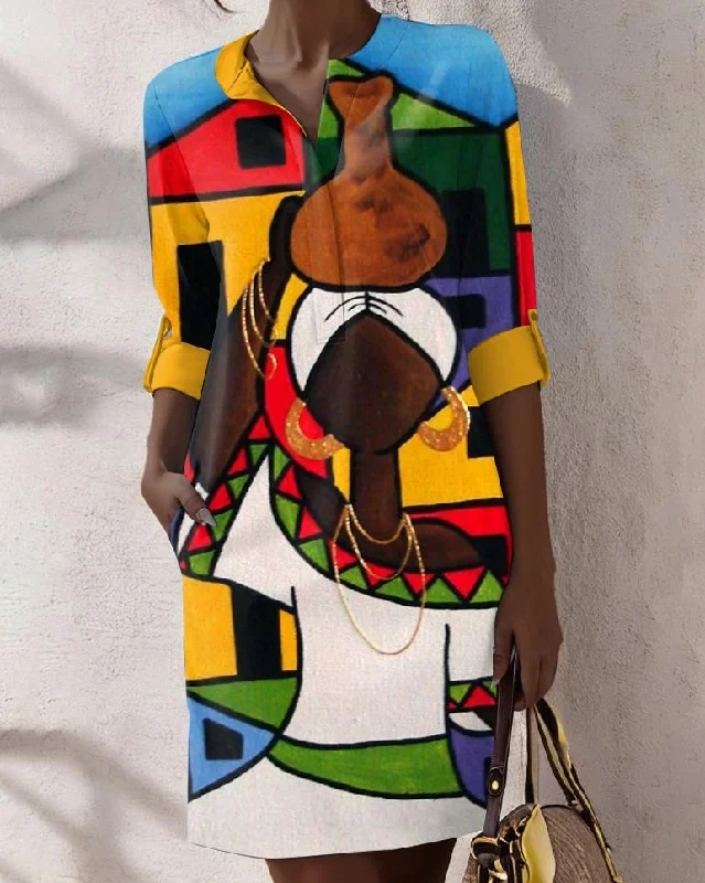 Color Oil Painting Tribal Design Print Pocke O Neck Mini Dress Stylish Short-Sleeve Mini Dress