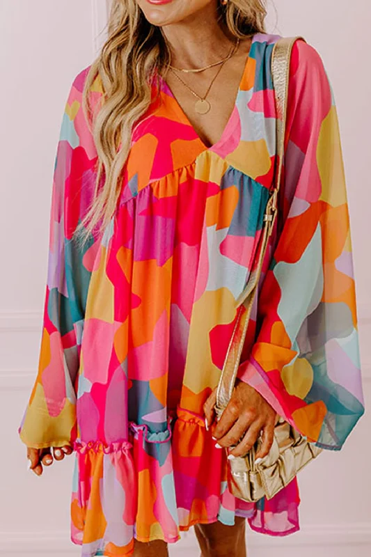 Blue Zone Planet | Ruffle Hem Color Block V-Neck Long Sleeve Mini Dress Fashionable Party Mini Dress Blue Zone Planet | Ruffle Hem Color Block V-Neck Long Sleeve Mini Dress Fashionable Party Mini Dress