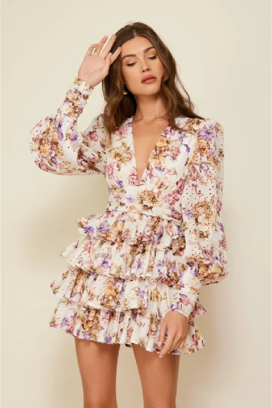 Delilah Eyelet Ruffled Mini Dress - Floral Print Comfortable One-Shoulder Mini Dress