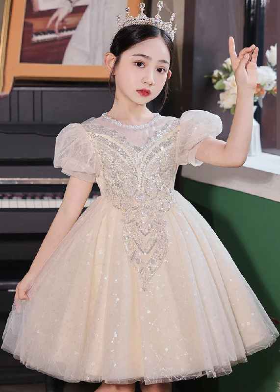 Fashion Champagne O-Neck Patchwork Sequins Tulle Kids Long Dresses Summer XZ041 empire Waist empire Fashion Champagne O-Neck Patchwork Sequins Tulle Kids Long Dresses Summer XZ041 empire Waist empire