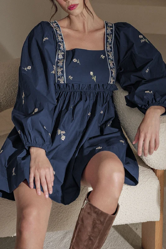 Blue Floral Embroidered Square Neck Puff Sleeve Ruffled Mini Dress Elegant Lace-Up Mini Dress Blue Floral Embroidered Square Neck Puff Sleeve Ruffled Mini Dress Elegant Lace-Up Mini Dress