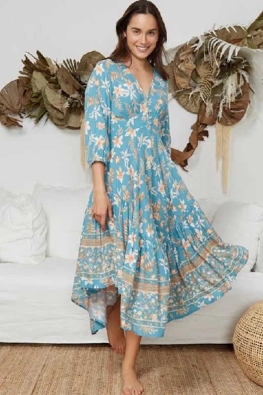 Liat Maxi Dress - Blue/Orange Tunics Floral girly
