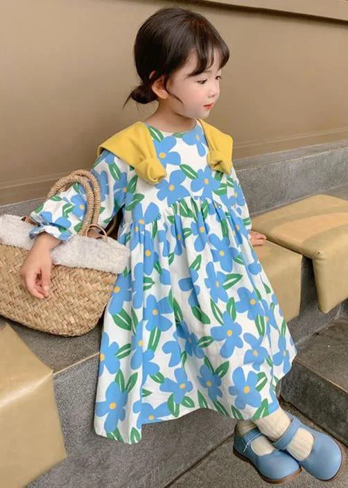 Beautiful Blue O Neck Print Cotton Girls Long Dress Long Sleeve XZ089 Tunics Wedding white