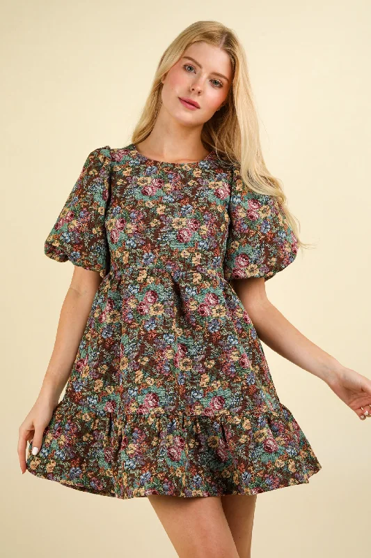 Floral Jacquard Fabric Holiday Mini Dress Fashionable A-Line Mini Dress