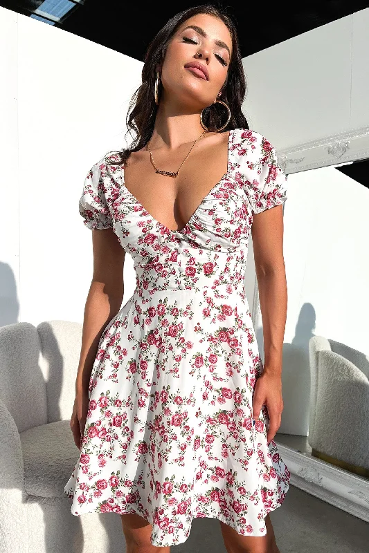 Solem Mini Dress - White / Rose Floral Casual Button-Up Mini Dress
