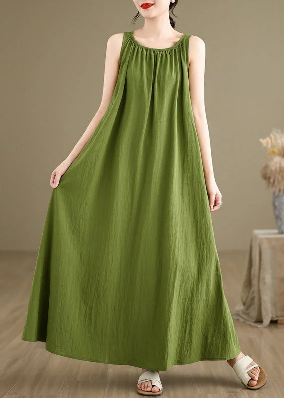 Loose Green Wrinkled Solid Cotton Maxi Dresses Sleeveless JH054 Tunics Trousers formal