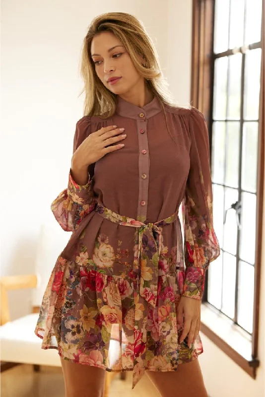 Tessa Floral Print Chiffon Mini Dress Fashionable Mini Dress with Frills