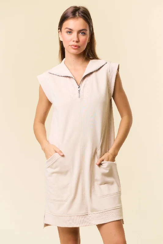 Zip-Front Cap Sleeve Mini Dress W/ Front Comfortable Shift Mini Dress