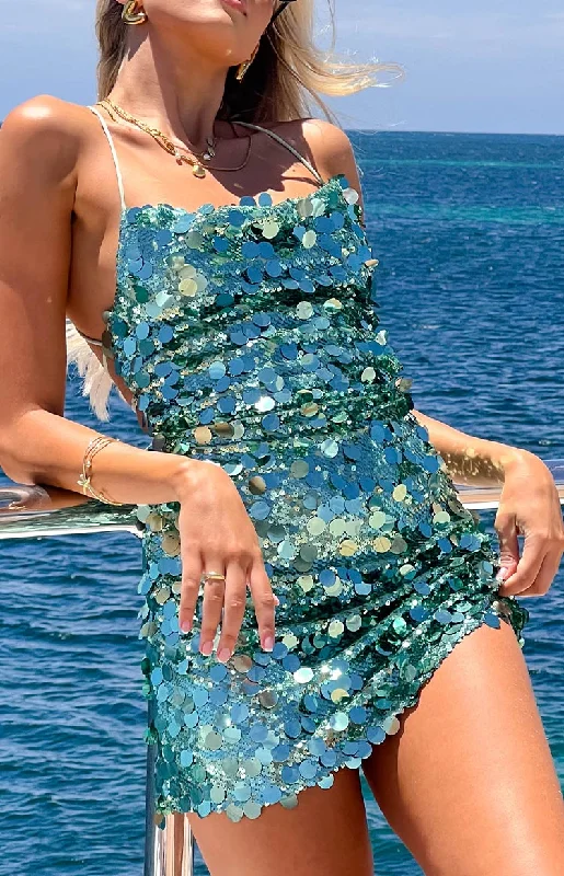 Come And Get It Aqua Sequin Party Mini Dress Comfortable Linen Mini Dress