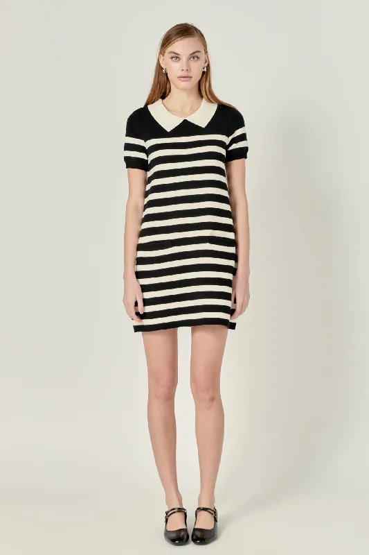 English Factory - Stripe Collar Mini Dress Elegant Floral-Print Mini Dress