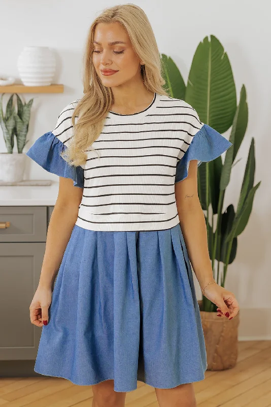 Blue Zone Planet | Black Stripe Ruffle Denim Patchwork Round Neck Mini Dress Classic Floral Print Mini Dress Blue Zone Planet | Black Stripe Ruffle Denim Patchwork Round Neck Mini Dress Classic Floral Print Mini Dress