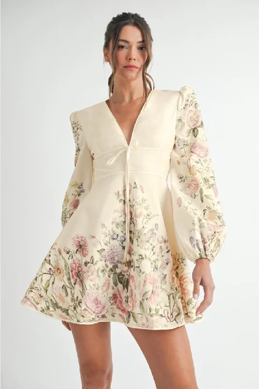 Daisy Florals Ivory Mini Dress Elegant Mini Dress with Ruffles