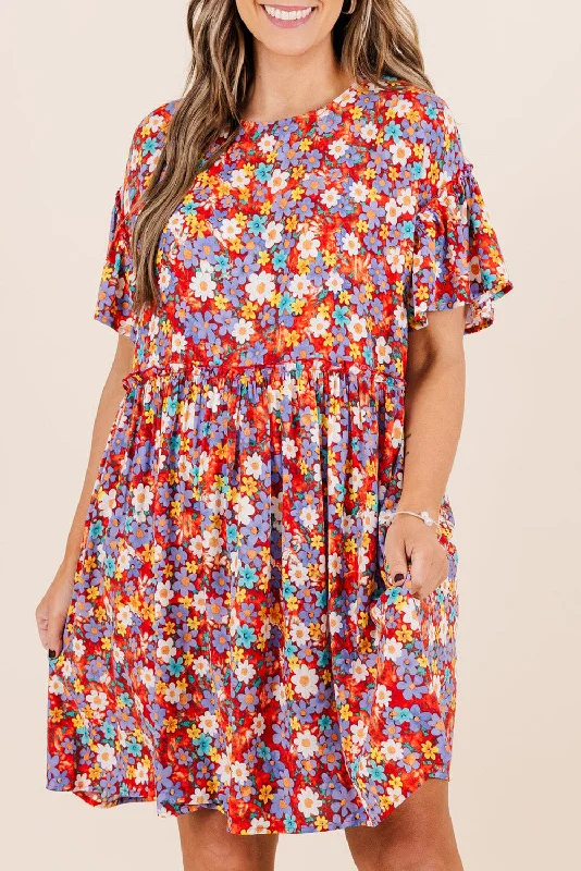 Red Flower Print Frill Waist Plus Size Mini Dress Fashionable Mini Dress with Pockets Red Flower Print Frill Waist Plus Size Mini Dress Fashionable Mini Dress with Pockets