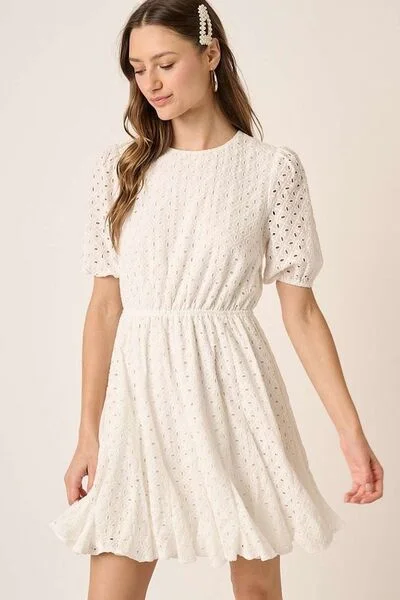 Mittoshop Eyelet Round Neck Puff Sleeve Mini Dress Trendy Tulle Mini Dress