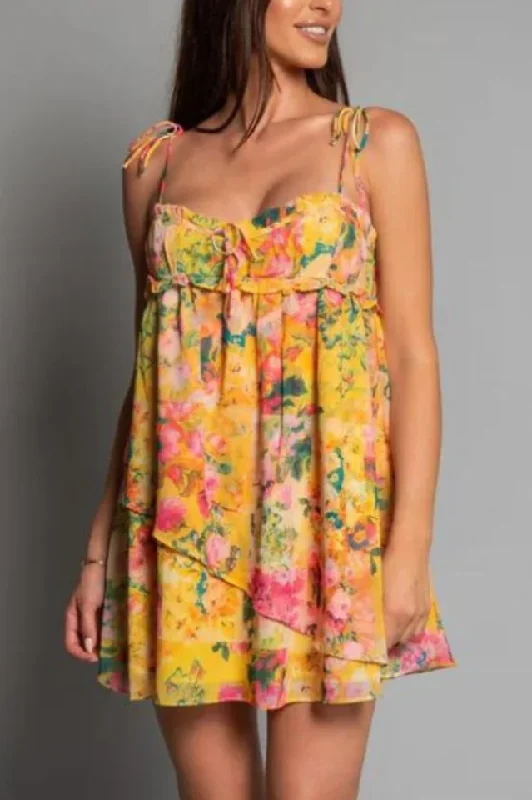 Chiffon Floral Print Empire Waist Mini Dress Stylish Puff Sleeve Mini Dress