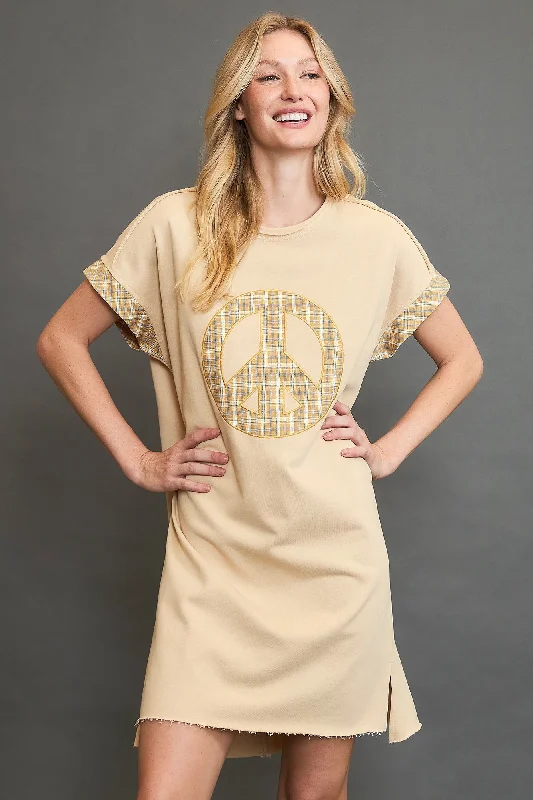 Umgee Peace Plaid Applique Short Sleeve Mini Dress Stylish Short Sleeve Mini Dress