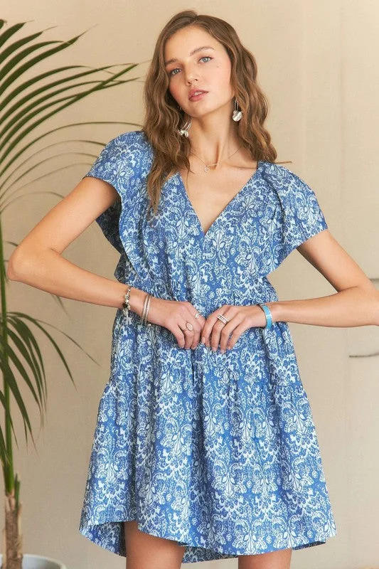 ADORA Printed V-Neck Ruffle Sleeve Mini Dress Trendy Denim Mini Dress