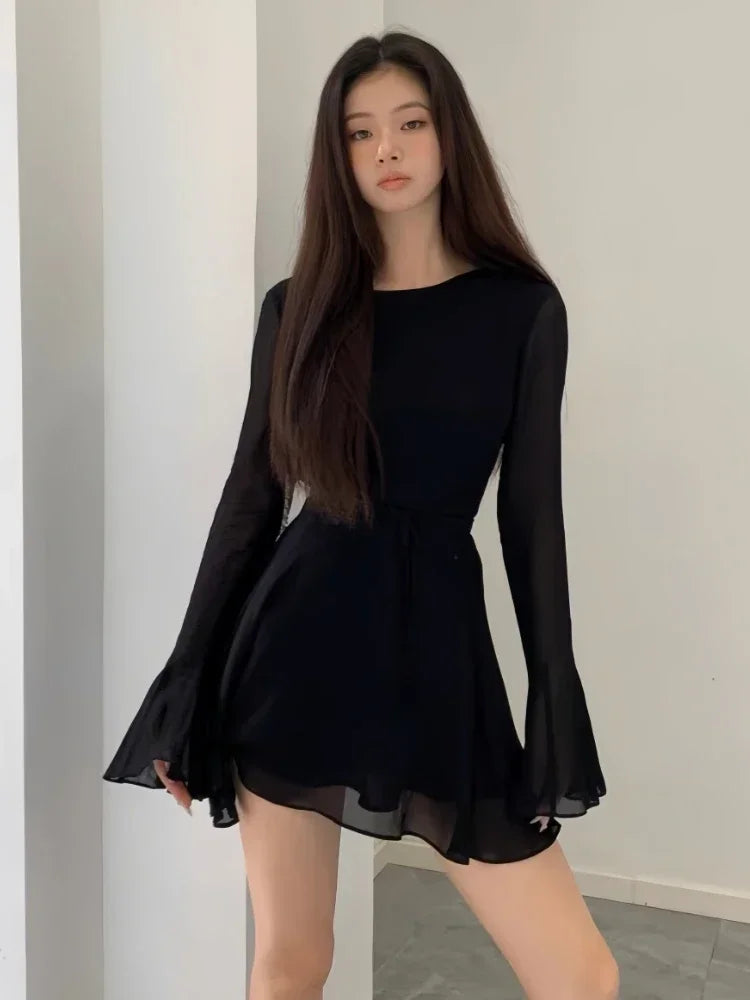 Bonnyshow Backless Black Dress Women Elegant Back Hollow Out Lace-up Long Sleeve Mesh Patchwork Sexy Slim Ruffle Mini Dress Party Classic Shift Mini Dress Bonnyshow Backless Black Dress Women Elegant Back Hollow Out Lace-up Long Sleeve Mesh Patchwork Sexy Slim Ruffle Mini Dress Party Classic Shift Mini Dress