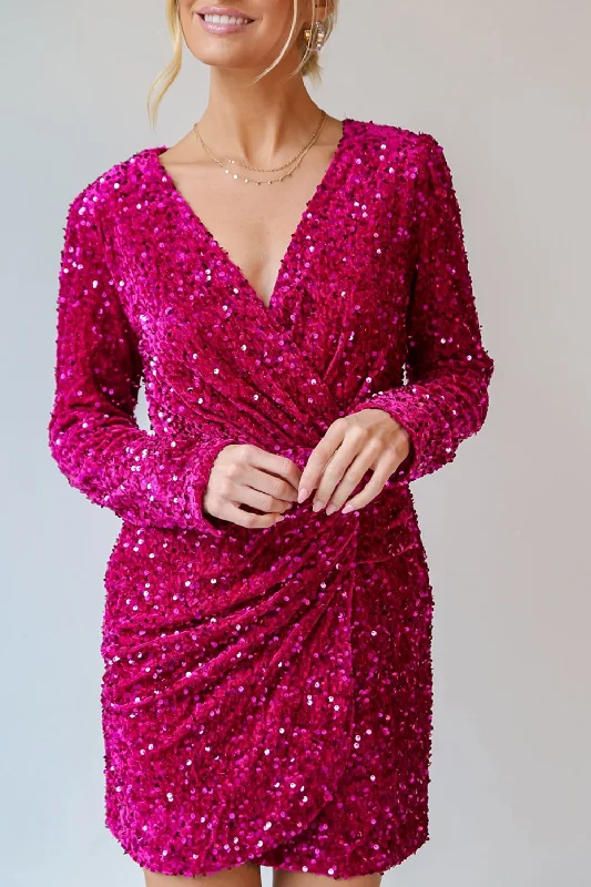 Sequin Surplice Long Sleeve Mini Dress Elegant Silk Mini Dress