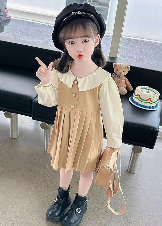 New Khaki Wrinkled False Two Pieces Cotton Girls Long Dress Fall XZ015 Elegant Long Evening New Khaki Wrinkled False Two Pieces Cotton Girls Long Dress Fall XZ015 Elegant Long Evening