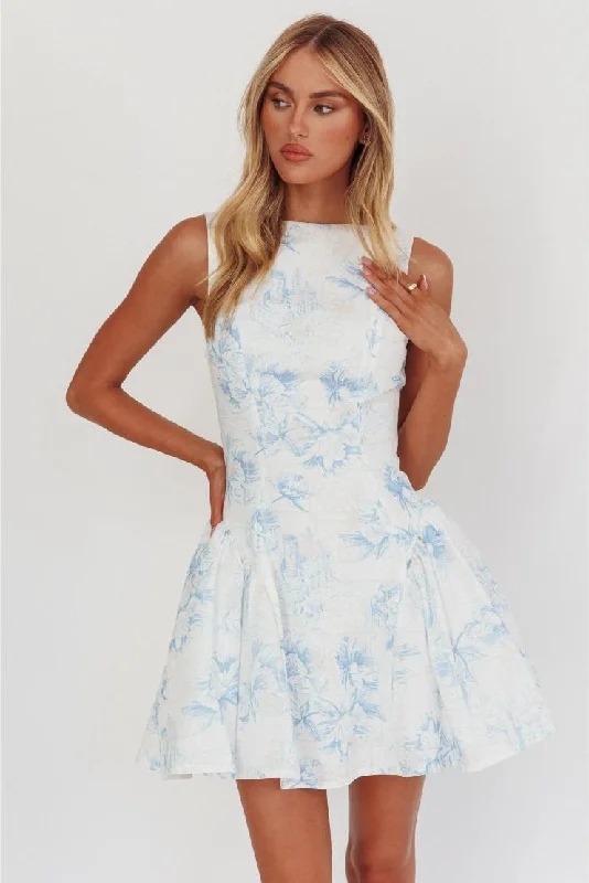 Brooklyn Florals Fit & Flare Mini Dress - Blue Classic Floral Print Mini Dress