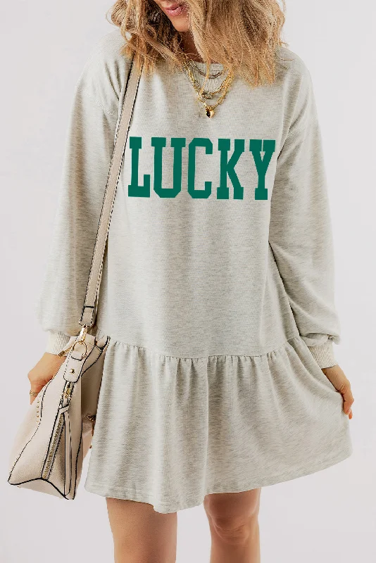 White St Patricks LUCKY Graphic Long Sleeve Ruffle Hem Mini Dress Stylish Button-Down Mini Dress White St Patricks LUCKY Graphic Long Sleeve Ruffle Hem Mini Dress Stylish Button-Down Mini Dress