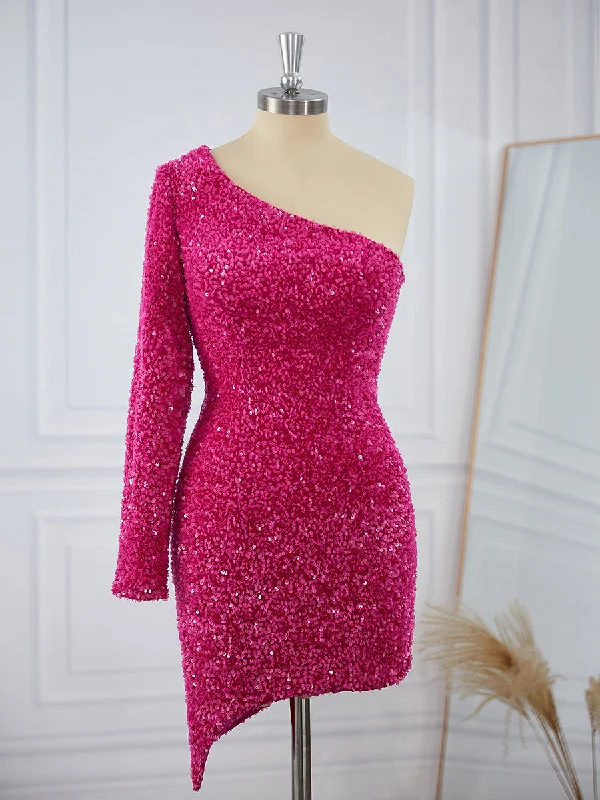 Sheath Long Sleeves Velvet Sequins One-Shoulder Short/Mini Dress Trendy Denim Mini Dress