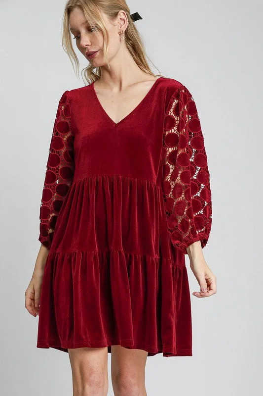 Blue Zone Planet | Umgee Dotted Lace Sleeve Tiered Velvet Mini Dress Comfortable Polka Dot Mini Dress Blue Zone Planet | Umgee Dotted Lace Sleeve Tiered Velvet Mini Dress Comfortable Polka Dot Mini Dress