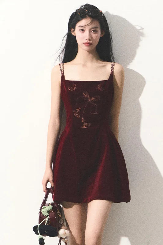 Velvet Embroidered Mini Dress Elegant Vintage Mini Dress
