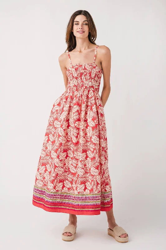Fate Border Print Smocked Bodice Midi Dress Tunics Business professional