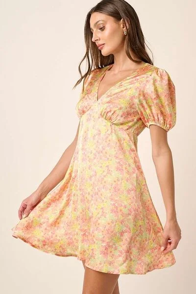Mittoshop Printed V-Neck Puff Sleeve Mini Dress Fashionable Pleated Mini Dress