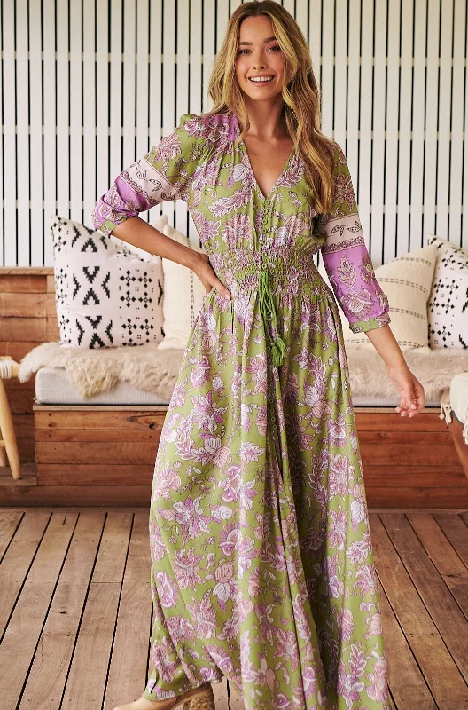 Shaya Maxi Dress - Khaki/Purple Tunics Versatile all-occasion