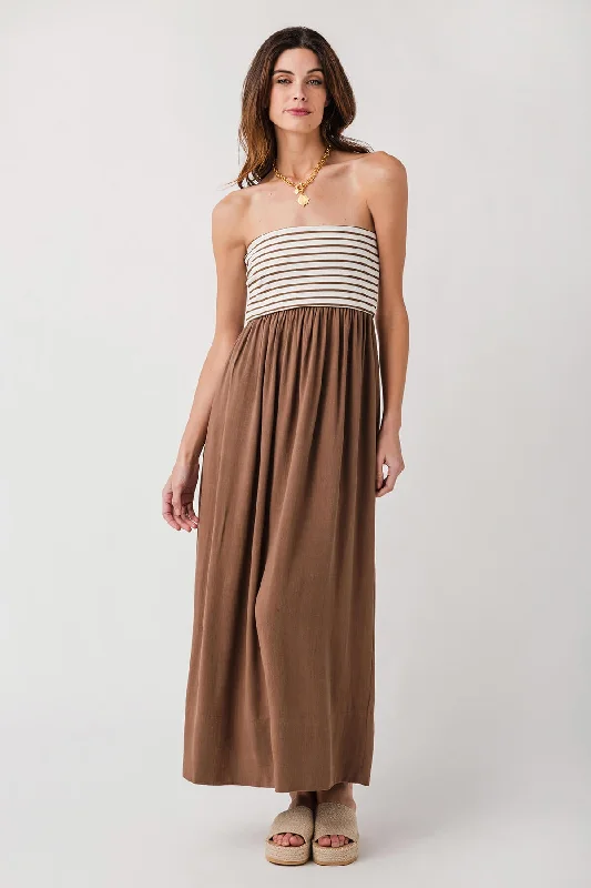 Miou Muse Mixed Media Strapless Maxi Dress Square Neckline Feminine
