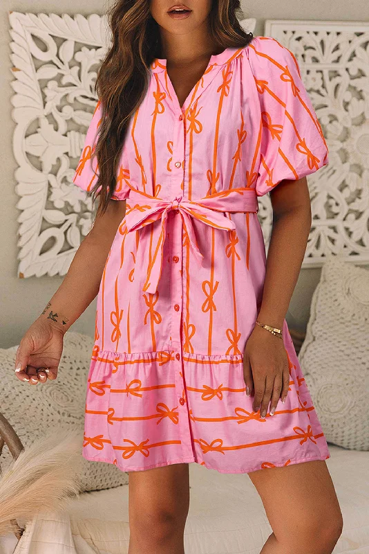 Blue Zone Planet | Pink Bowknot Striped Printed Bubble Sleeve Buttoned Belted Mini Dress Elegant Off-Shoulder Dress Mini Blue Zone Planet | Pink Bowknot Striped Printed Bubble Sleeve Buttoned Belted Mini Dress Elegant Off-Shoulder Dress Mini