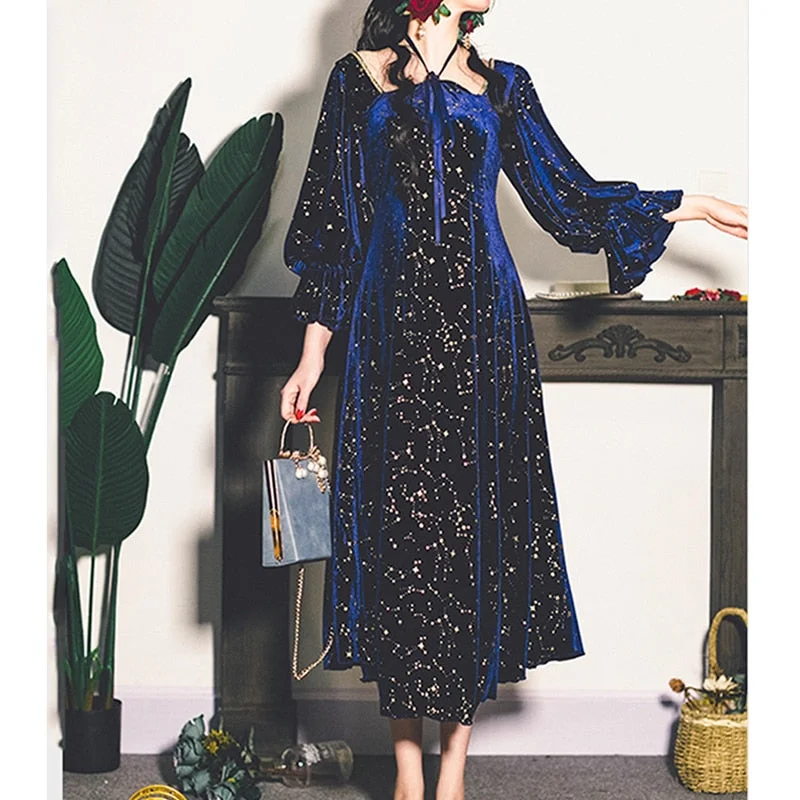 Vintage Party Dress Women Evening French Elegant Retro Dress Female Casual Long Sleeve Flroal Midi Dress Korean Autumn Chic sweetheart Neckline Romantic