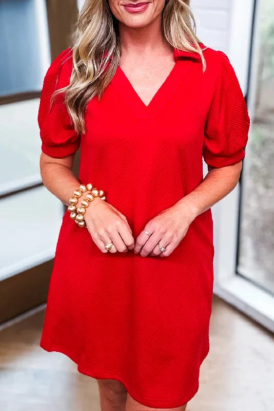 Blue Zone Planet | Fiery Red V Neck Puff Sleeve Textured Mini Dress Classic Striped Mini Dress Blue Zone Planet | Fiery Red V Neck Puff Sleeve Textured Mini Dress Classic Striped Mini Dress